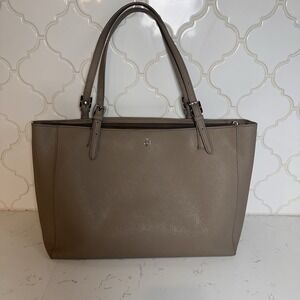 Tory Burch York Gray Taupe Saffiano Leather Tote Bag Shoulder Classic Office